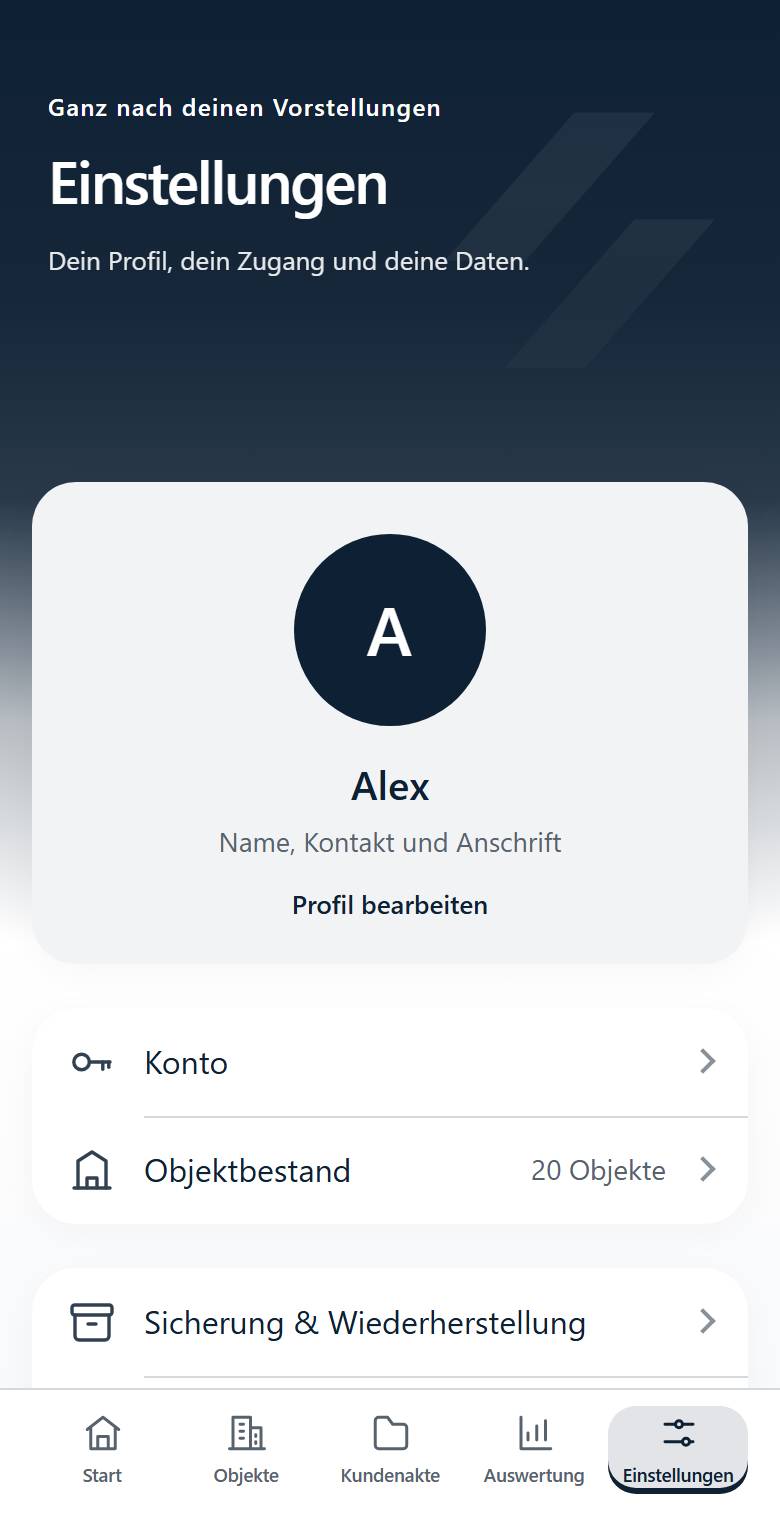 Einstellungen mit Profil, Konto, Objektbestand und Sicherung