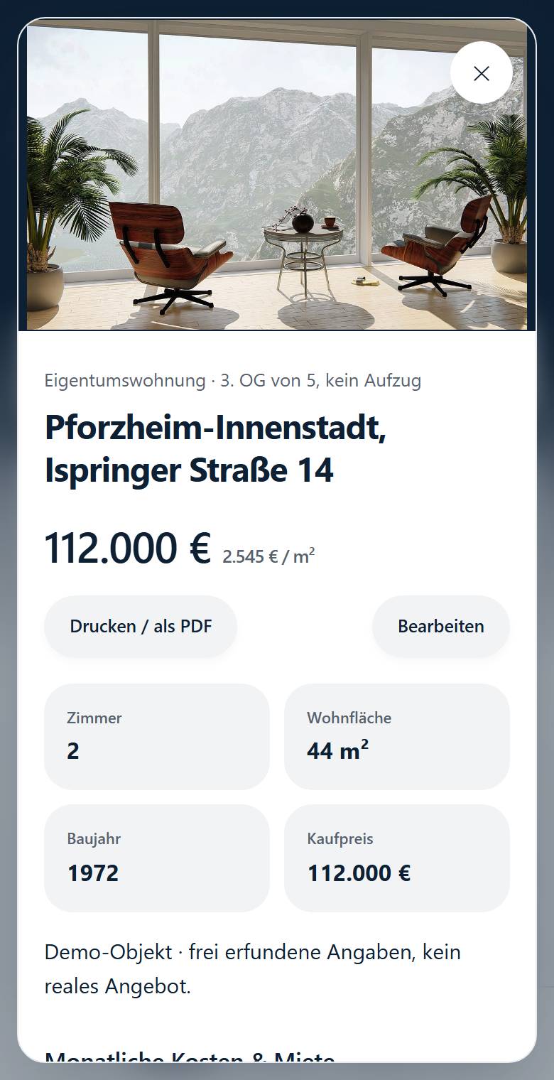Exposé mit Titelbild, Kaufpreis und Knöpfen Drucken und Bearbeiten