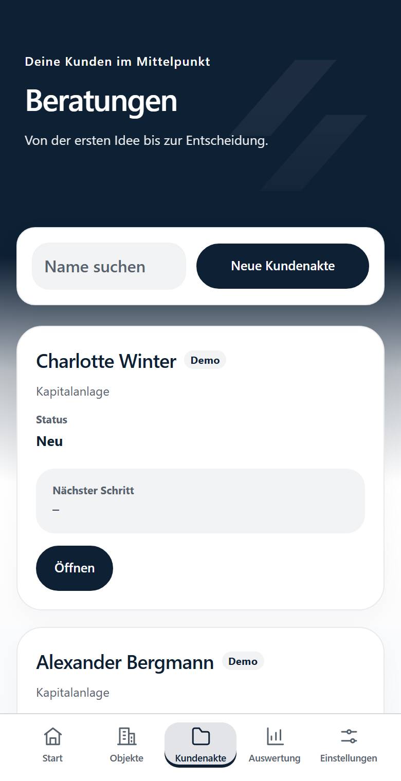 Liste der Kundenakten mit Suche und Knopf Neue Kundenakte