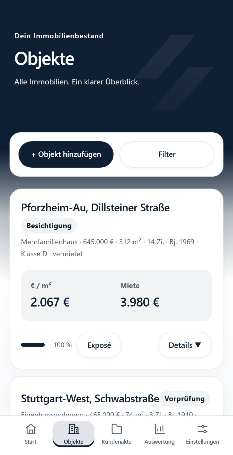 Objektliste mit Knöpfen Objekt hinzufügen und Filter
