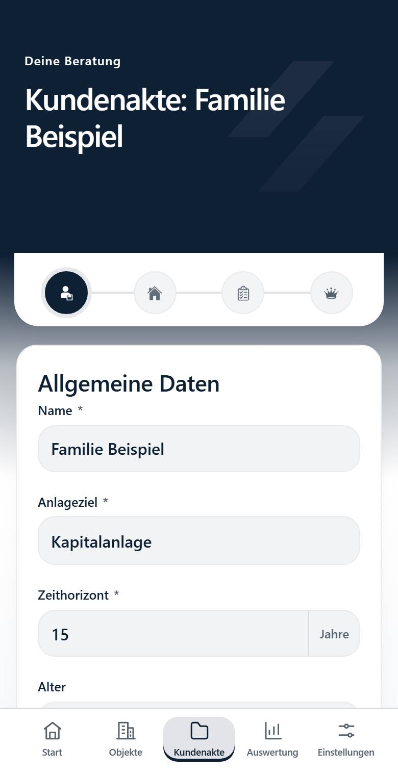 Schritt 1 Allgemeine Daten mit den vier Schrittsymbolen