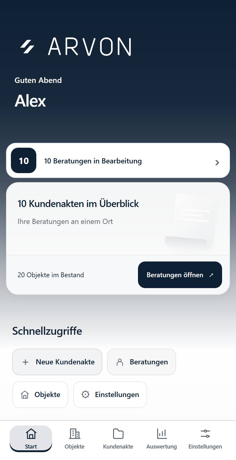 Startseite mit Begrüßung, Beratungsübersicht und Schnellzugriffen